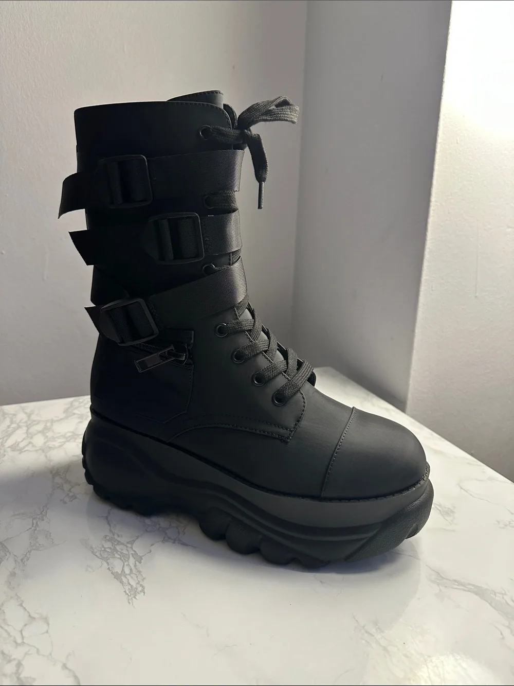 Dolls Kill Black Chunky Platform Combat Boots with Straps - Picture 1 of 5